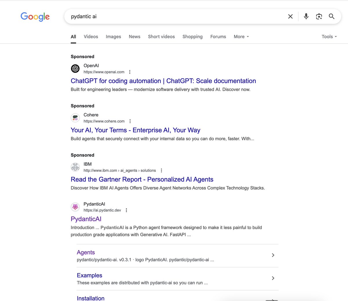 We must be doing something right. <a href="/OpenAI/">OpenAI</a> <a href="/cohere/">cohere</a> and <a href="/IBM/">IBM</a> are advertising against pydantic ai. 💥