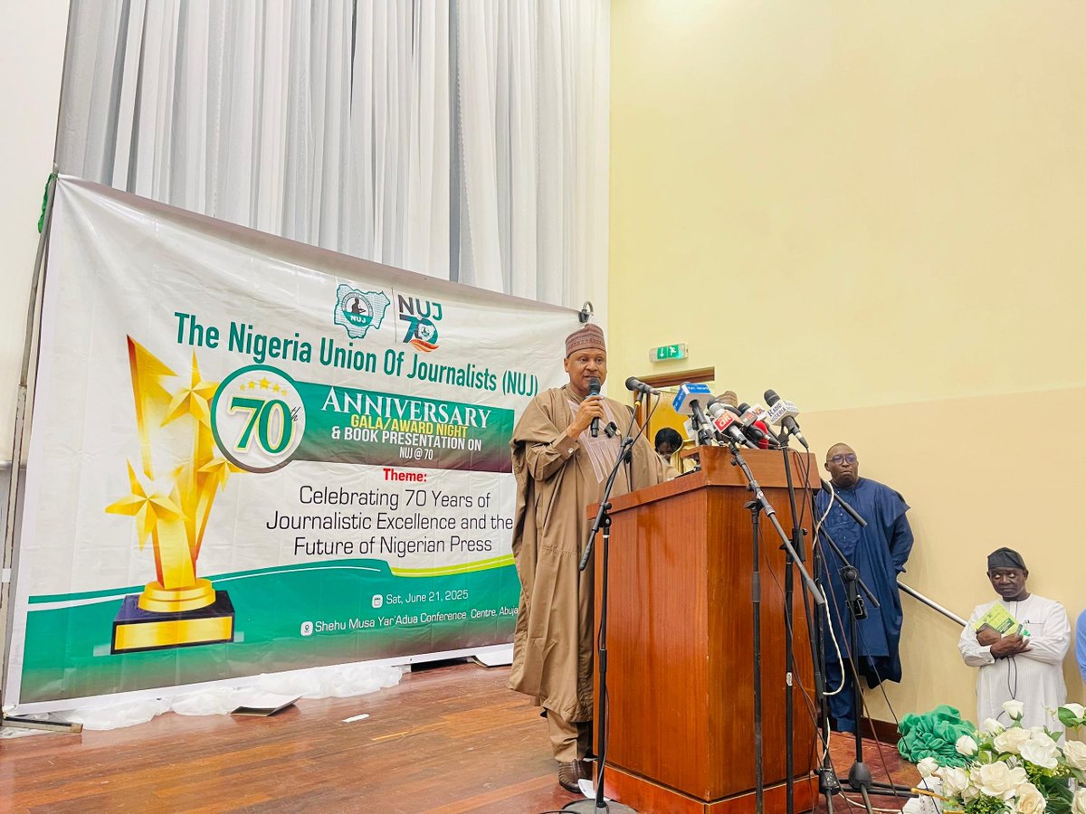 At the Nigeria Union of Journalists (NUJ) 70th Anniversary Gala/Award Night &amp; Book Presentation this evening, in Abuja.
Congratulations to the Union on this milestone. Here’s to an even more rewarding and impactful seventy years—and more—ahead!
The President Bola Ahmed Tinubu