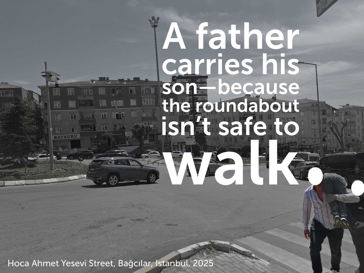 A father carries his son—because the roundabout isn’t safe to walk. Streets should protect people, not just cars.

Bir baba, çocuğunu kucağında taşıyor—çünkü kavşakta yürümek güvenli değil. Sokaklar sadece araçları değil, insanları da korumalı.

#SafeStreets #Fairmobility