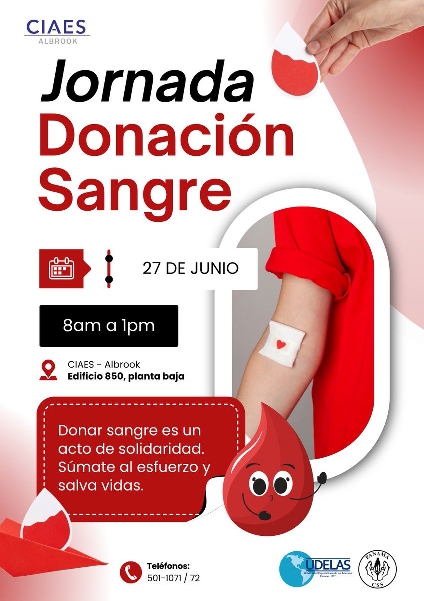 Jornada de donación de sangre. Próximo viernes, 27 de junio, en nuestras instalaciones de Albrook, edificio 850.
¡Te esperamos! 🩸
