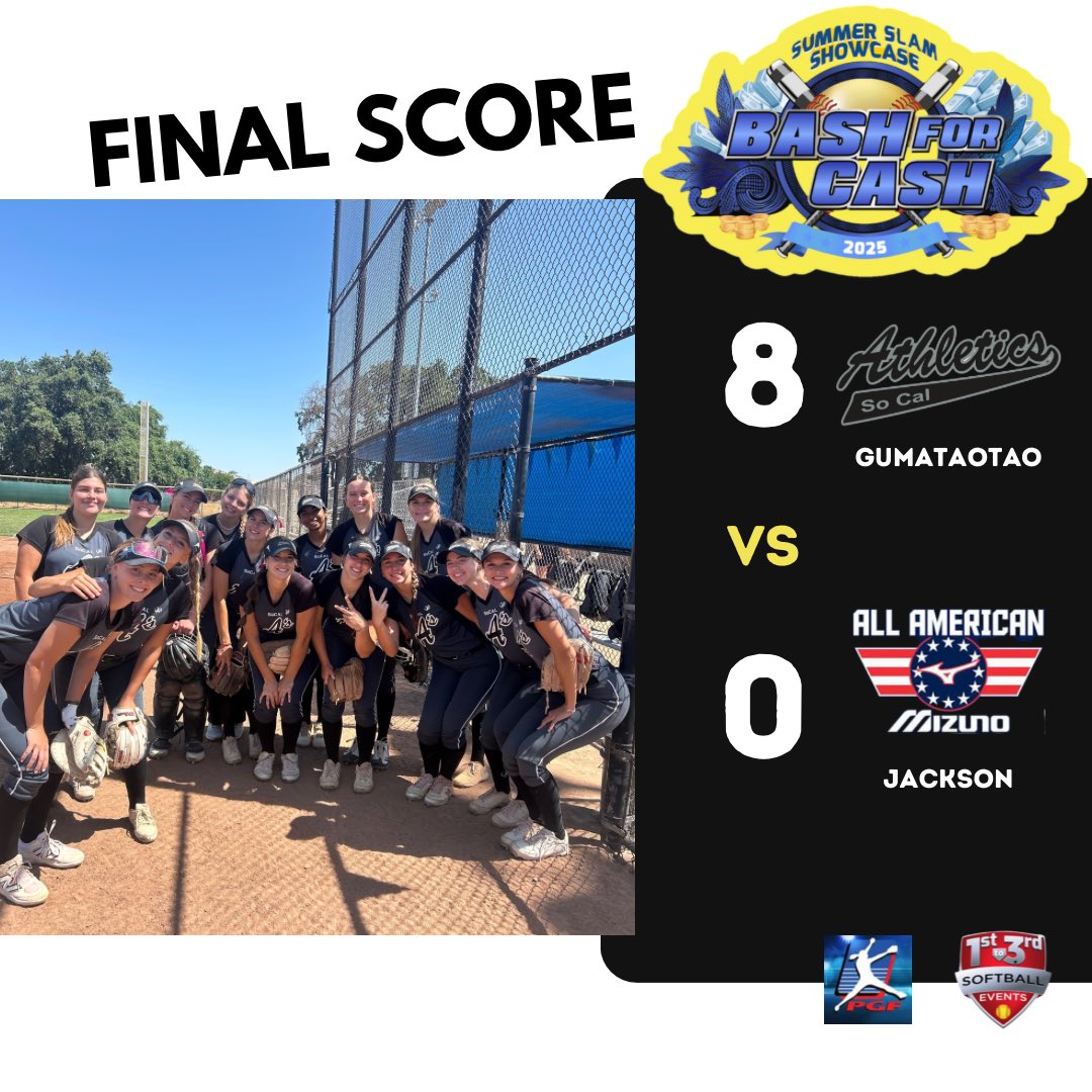 SCAs_Gumataotao's tweet photo. So Cal Athletics bats were hot and defense was solid in Game 2 with an 8-0 win over All American Mizuno at @1sttouchcoach Bash for Cash @PGFnetwork Showcase. Game 3 up next. π₯π₯ #SoCalAthletics #PGFShowcase #BashForCash #TeamFirst #LionsOnlyπ¦ https://t.co/tyaBFuhT5w
