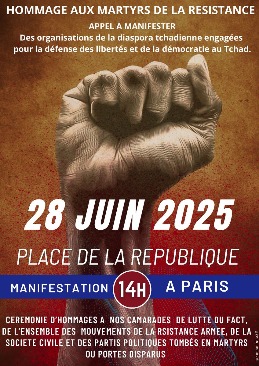 CÉRÉMONIE  HOMMAGE AUX MARTYRS DE LA RÉSISTANCE. 

Le 28 juin 2025,  Place de la République à Paris à 14h nous allons nous rassembler pour rendre hommage à nos camarades de lutte tombés pour la liberté, la démocratie et la dignité du peuple tchadien.