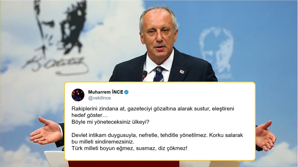 Muharrem İnce: (Fatih Altaylı'nın gözaltına alınması hk.)

"Devlet intikam duygusuyla, nefretle, tehditle yönetilmez. Korku salarak bu milleti sindiremezsiniz. 

Türk milleti boyun eğmez, susmaz, diz çökmez."
