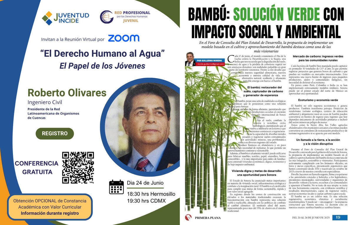 Excelente fin de semana, te hago llegar la invitación para martes 24 de junio a la Charla *EL DERECHO HUMANO AL AGUA* Registro para acceso a Zoom 6:30 pm (hora HMO): forms.gle/cR3YJ93oqVLCYP…

Para una mejor lectura del Artículo *BAMBU*: facebook.com/photo?fbid=101…