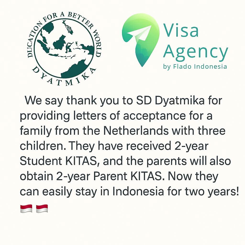 VisaFlado's tweet photo. Thanks to Sekolah Dyatmika, a Dutch family with 3 kids got 2-year Student &amp; Dependent KITAS 🇮🇩✅

Smooth, legal, and family-friendly — with help from Flado 💚

🌐 https://t.co/oopdkxjzyJ

#kitas #expatsinbali #visasupport #fladoindonesia https://t.co/VHpWWfGxll