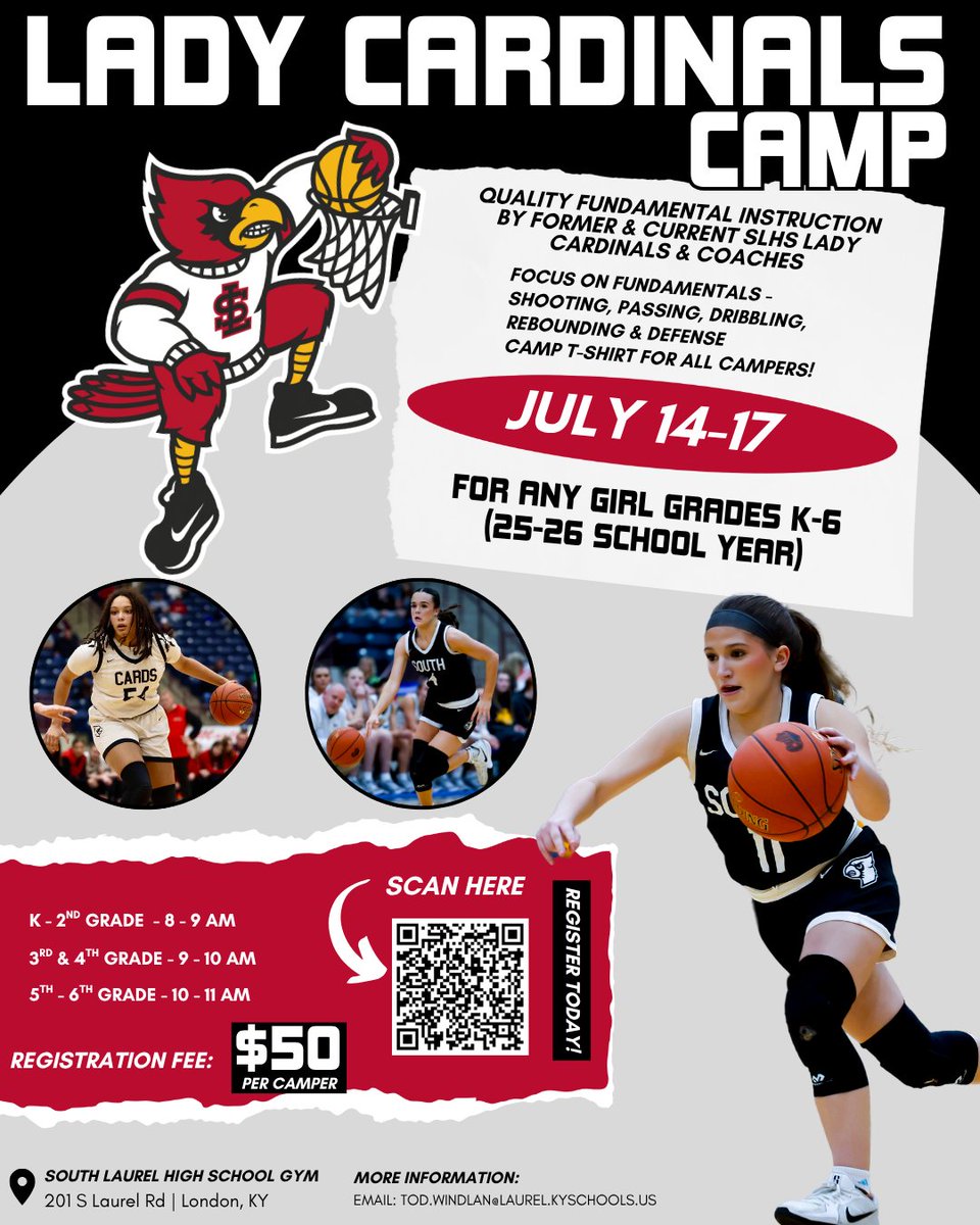 🏀 Calling all future Lady Cardinals! 
Join us for an unforgettable experience at the Lady Cardinals Camp from July 14-17! 

🌟 Scan the QR code or click the link to secure your spot: jrrmc.com/ladycardscamp 

#SLLadyCards