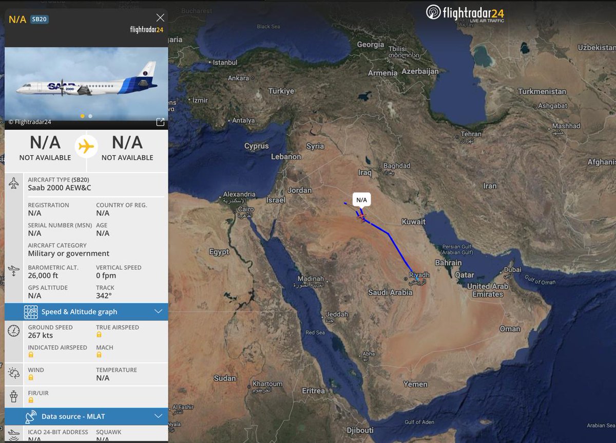 🇸🇦🇺🇸 What’s this Saab 2000 AEW&amp;C surveillance aircraft doing headed northwest from Riyadh?

This is a military-grade Airborne Early Warning &amp; Control (AEW&amp;C) plane—designed to scan airspace, track aircraft, and coordinate battle networks in real time. It’s flying at 26,000 ft,