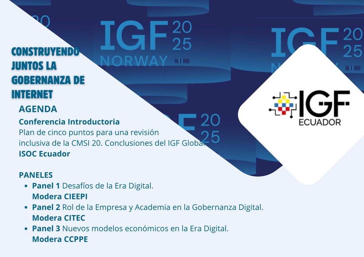 INVITACIÓN IGF 2025 ECUADOR: Evento de NNUU sobre Gobernanza de Internet.

06/07/2025 9am a 12:30 auditorio <a href="/CCPPEcuador/">CCPPEcuador</a> 

Sin  costo, requiere inscribirse igfecuador@gmail.com 

Los esperamos! <a href="/cveraq/">Carlos Vera Quintana</a> <a href="/isocec/">ISOC Ecuador</a> 

Para conocer más sobre el IGF: igf2025.no