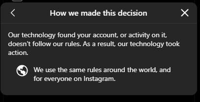 bblz308's tweet photo. Yeah, your glorious @Meta AI technology is saving the world from 15 year veteran users without black marks or previous history. Even the appeal process took minutes with your foundational AI techniques. Nice one, @instagram @facebook 

Have an employee to DM me immediately. https://t.co/4Rd5CYJXVE