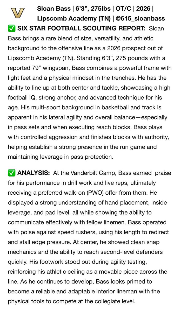 615_sloanbass's tweet image. Thank you @sixstarfootball for featuring me in your article! @VandyFootball