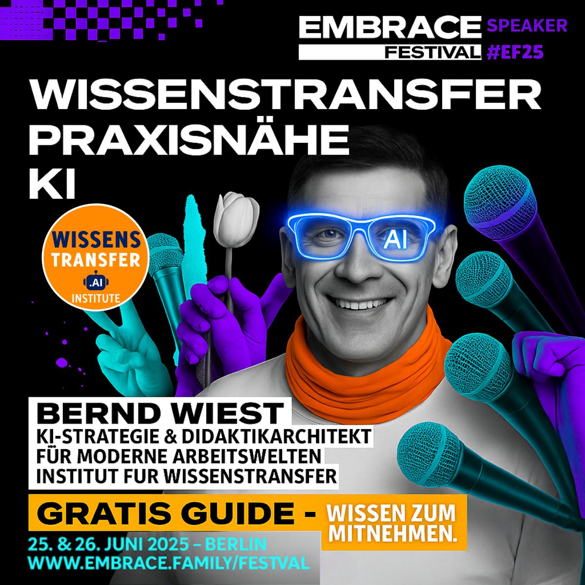 T-4 zu #EF25
📲 Wissen ohne PC
⏱️ In 3 Minuten
🧠 Dort, wo gearbeitet wird
Klingt verrückt? <a href="/wissenshelden/">WISSENSTRANSFER.Institute | wissensXfer.institute</a> zeigen beim <a href="/tt_embrace/">EMBRACE</a> Festival wie’s geht.
🎤 25.6. · 16:30 Uhr · MINDSPACE Stage
🧾 Gratis-Guide „Wissenstransfer to go“ gibt’s am Ende exklusiv.
#WissenToGo #BerndWiest