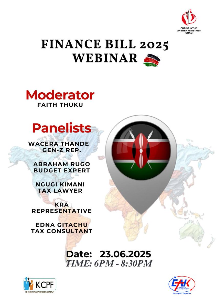 KCPF in partnership with CITAM Advocacy &amp; Evangelical Alliance of Kenya, invites you to a Finance Bill 2025 webinar Mon, 23rd June, 📷 6:00–8:30PM at CITAM Valley Road.  Zoom: citam-org.zoom.us/j/82834428073?……ID: 828 3442 8073 | Code: FBILL2025