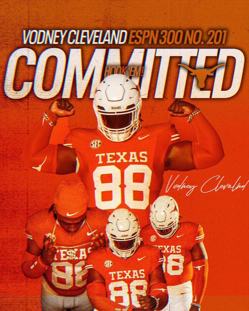 Billy Tucker (@theucreport) on Twitter photo 4-star defensive tackle Vodney Cleveland just committed to Texas 🤘 <a href="/Vodney_Clev/">Vodney Cleveland</a>
The No. 201 prospect in the ESPN 300 is a monster in the trenches. The Longhorns beat out Georgia, Florida, and Auburn for one of the top prospects in the state of Alabama. 4-star defensive tackle Vodney Cleveland just committed to Texas 🤘 <a href="/Vodney_Clev/">Vodney Cleveland</a>
The No. 201 prospect in the ESPN 300 is a monster in the trenches. The Longhorns beat out Georgia, Florida, and Auburn for one of the top prospects in the state of Alabama.