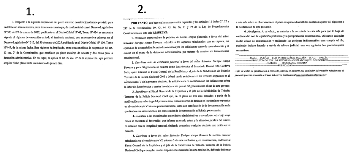 La Sala aceptó parcialmente el habeas corpus en favor de Enrique Anaya
1. Lo malo: Sala certifica que las suspensiones de derechos en el decreto de estado de excepción son aplicables a cualquier caso
2. Lo bueno: Sala nombra juez ejecutor para garantizar derecho a salud de Anaya.