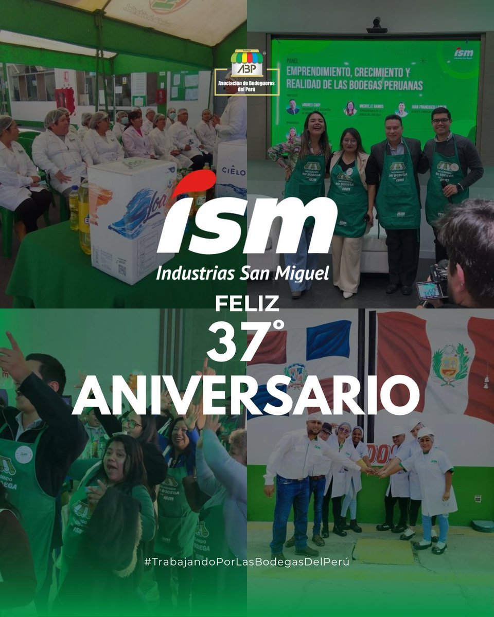 🎉 ¡Feliz 37° Aniversario, Industrias San Miguel! 🥳

¡Que sigan los éxitos y los años de crecimiento compartido! 🙌💚

#ABPOficial #ISM #AniversarioISM #AliadosDelCanalTradicional #BodeguerosDelPerú #TrabajoEnEquipo #37AñosDeHistoria #JuntosSomosMásFuertes