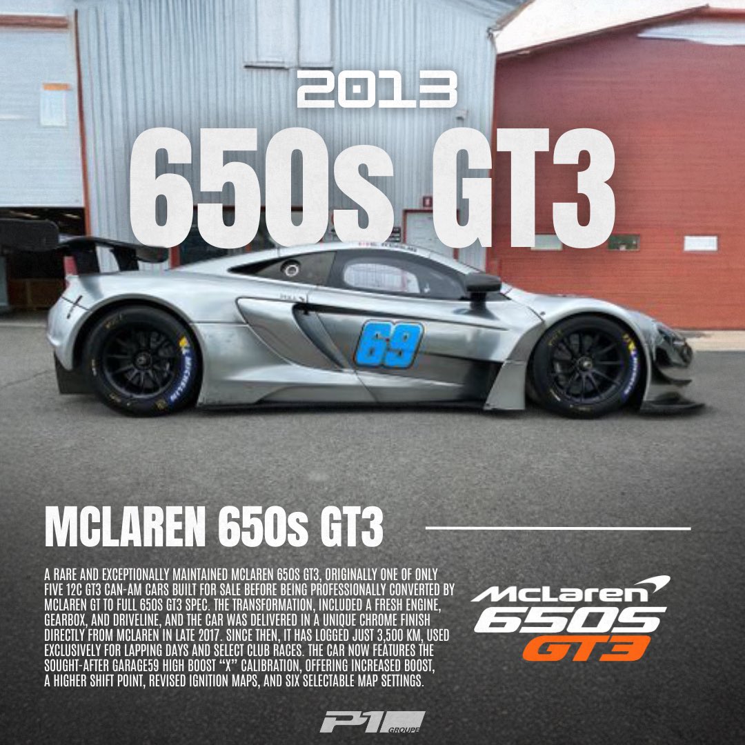 P1Groupe's tweet image. 🚨FOR SALE: 2013 McLaren 650S GT3
REDUCED → $189,900 (was $199,900)
📍Montreal, Canada

Rare 12C GT3 Can-Am → full 650S GT3 spec by McLaren GT. Just 3,500 km. High Boost “X” cal. + spares!

🔗 P1Groupe.com
#p1groupe #racecar #carsforsale #mclaren #650s #gt3 #rare
