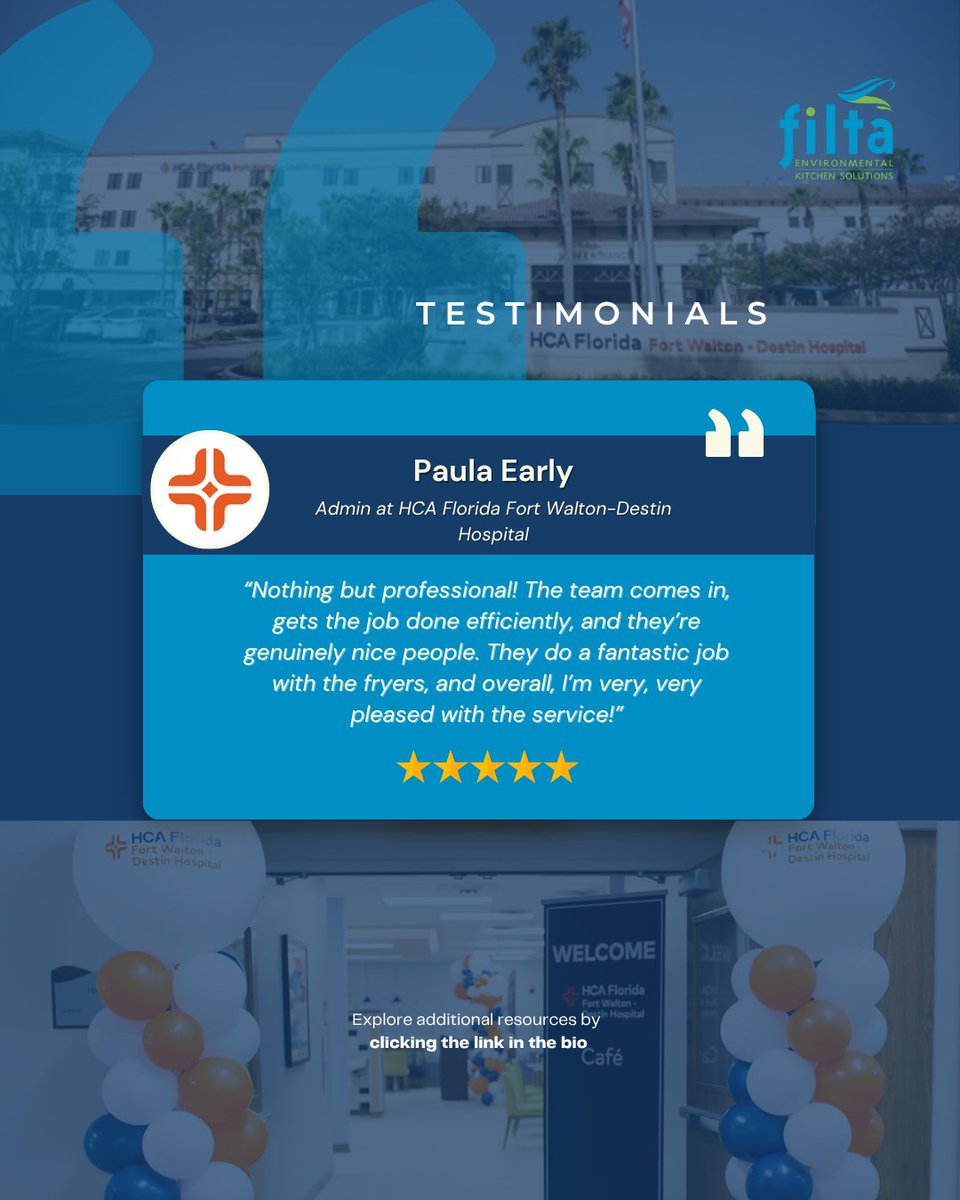 “Nothing but professional!” ⭐⭐⭐⭐⭐
Thanks to Paula Early at HCA Florida Fort Walton Destin Hospital for the kind words!

We’re proud to keep hospital kitchens clean, safe &amp; running smoothly.

🔗 Learn more: GoFilta.com
#FiltaFry #Testimonial #HospitalSupport