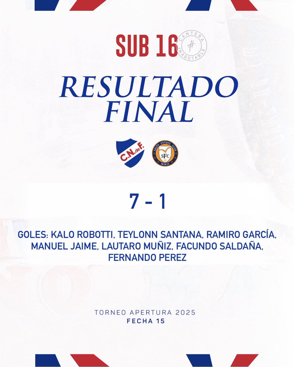 Final del partido en Sub16.

✅ Victoria 7-1 🆚 Salto F.C.

#CanteraInagotable
#ElClubGigante 🔵⚪️🔴