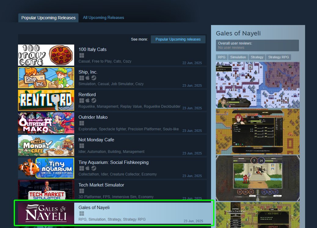 Gales of Nayeli just popped up near the top of the Popular Upcoming Releases tab on Steam!! 

Huge thanks to everyone for all the wishlists, the love and the anticipation as we are headed towards launch on June 23rd 2025!

#gamedev #indiegame #indiedev