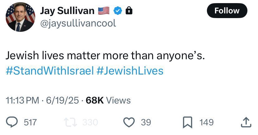 ABD Senatörü Jay Sullivan’ın paylaşımı:

"Yahudilerin hayatı, diğer tüm hayatlardan daha değerlidir.”

Evet, işte tam olarak “sapkınlık” kavramının eteğe kemiğe bürünmüş hali.