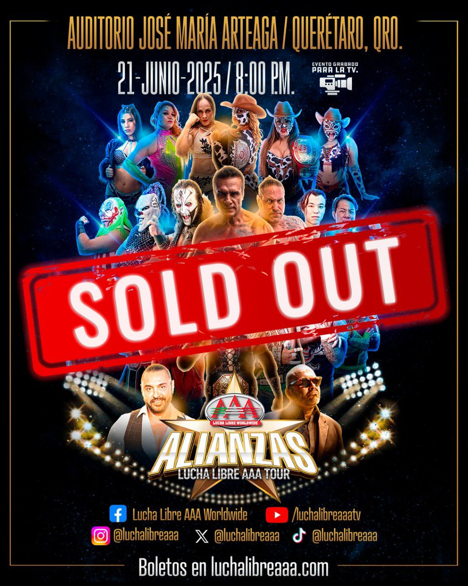 Gracias Querétaro por la GRAN respuesta logrando un SOLD OUT esta noche en un nuevo evento de la gira #AlianzasAAA. 👏🏻

Para los aficionados de todo México les recordamos que la transmisión EN VIVO comienza 9:15 pm por <a href="/canalspace/">Canal Space</a> y <a href="/StreamMaxLA/">Max Latinoamérica</a>.