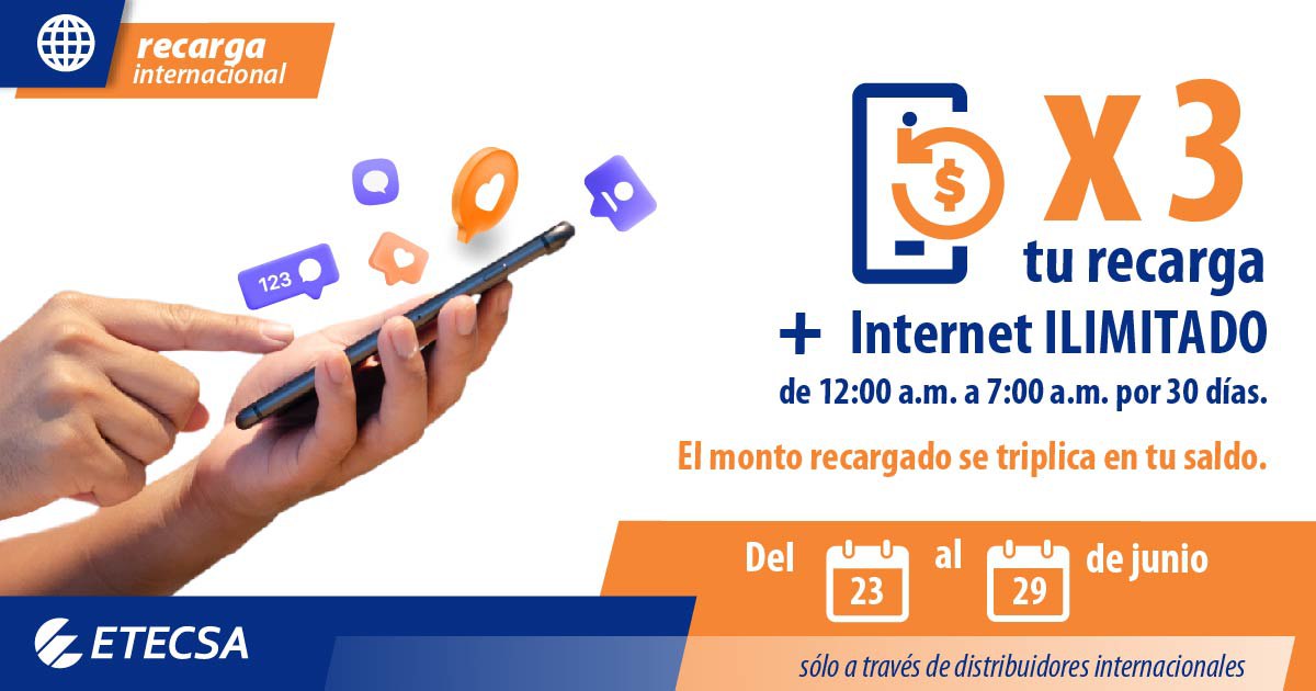 ErickPCastillo's tweet photo. 📶 Recibe una recarga internacional y obtén:  
🌙 Datos ilimitados de 12:00 a.m. a 7:00 a.m.
Del 23 al 29
💰 Triplica tu saldo
🔎 Consulta información en https://t.co/iCvbrofDxc
#RecargaInternacional 
#EtecsaConCuba https://t.co/9iYpLvwSTx