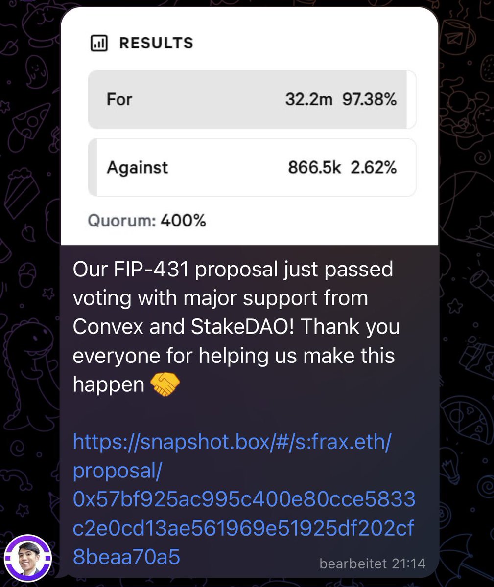 captnhayz ¤ (@captnhayz) on Twitter photo Congrats FRAX and dTRiNITY🔥🚀
FIP-431 proposal--dTRINITY x <a href="/fraxfinance/">Frax Finance ¤⛓️¤</a> Joint Expansion on <a href="/SonicLabs/">Sonic Labs</a>
Just passed with major support from <a href="/ConvexFinance/">Convex Finance</a> 🤝
Let’s make $frxUSD big on SONIC!
$FRAX 🤝 $S Congrats FRAX and dTRiNITY🔥🚀
FIP-431 proposal--dTRINITY x <a href="/fraxfinance/">Frax Finance ¤⛓️¤</a> Joint Expansion on <a href="/SonicLabs/">Sonic Labs</a>
Just passed with major support from <a href="/ConvexFinance/">Convex Finance</a> 🤝
Let’s make $frxUSD big on SONIC!
$FRAX 🤝 $S