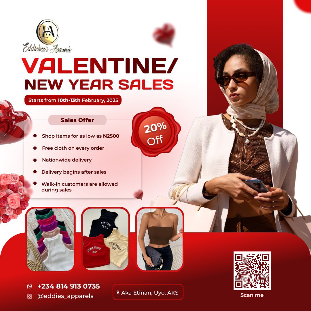 Tacho_ofweb3's tweet image. Throwback to February when I designed a discount sales flyer for a thrift brand. 

I specifically used color “white” and different shades of the color “red” to represent the theme of the season.

My client was satisfied and I got paid, win-win, everyone was happy.