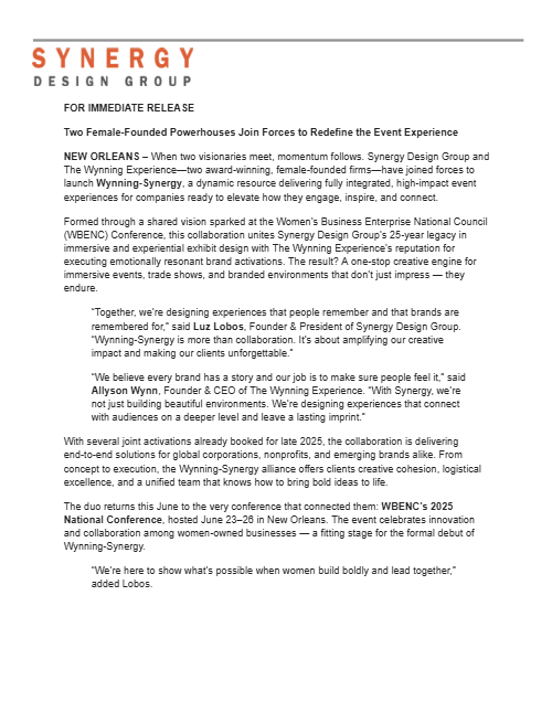 SynergyDG's tweet photo. We've got news!

Synergy Design Group (#NOLA/#Nashville) announces their partnership with The Wynning Experience (#Chicago ) ahead of the 2025 @wbecwest #WBENC2025 Conference beginning Monday as well as the busy Q3 convention season. 

More than 2,500 women-owned businesses will be represented at the WBENC Conference this week at the @NewOrleansENMCC This is where it all started!

#WBENC2025 #WomenInBusiness