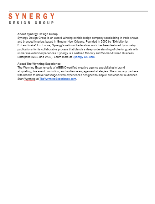 We've got news!

Synergy Design Group (#NOLA/#Nashville) announces their partnership with The Wynning Experience (#Chicago ) ahead of the 2025 <a href="/wbecwest/">WBEC-WEST</a> #WBENC2025 Conference beginning Monday as well as the busy Q3 convention season. 

More than 2,500 women-owned businesses will
