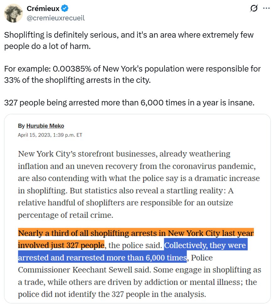 <a href="/elonmusk/">Elon Musk</a> <a href="/grok/">Grok</a> A small handful of people commit the overwhelming majority of crime.

And if you arrest them and keep them incarcerated, crime rates go down.

x.com/cremieuxrecuei…