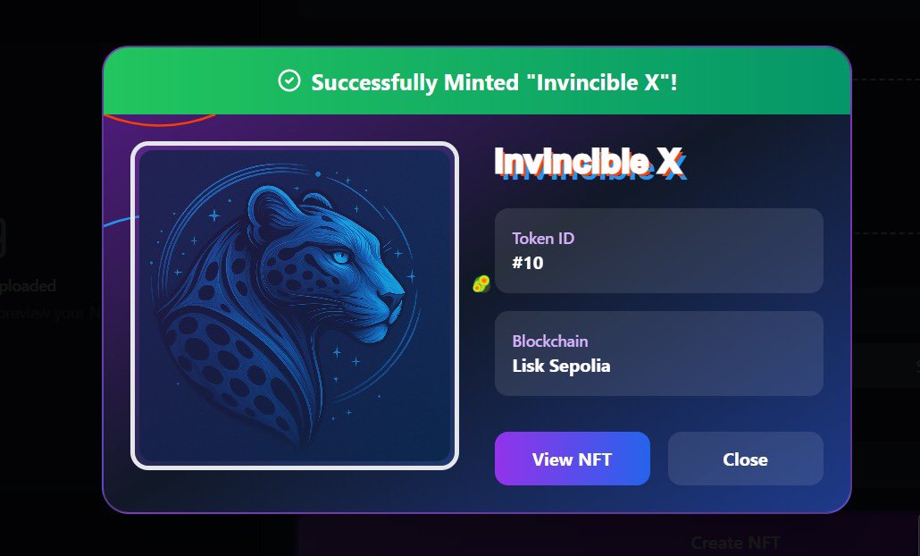 tokenatedNFT's tweet photo. 🚨 First NFT Minted on Tokenated! 🚨
We’ve officially minted “Invincible X” — our first NFT on Lisk Sepolia Testnet!
Built with Lisk SDK, IPFS & MarcediVault, this marks a bold step toward on-chain creativity in Africa and beyond.
The future of digital ownership starts here. https://t.co/xYvNAaP5ea