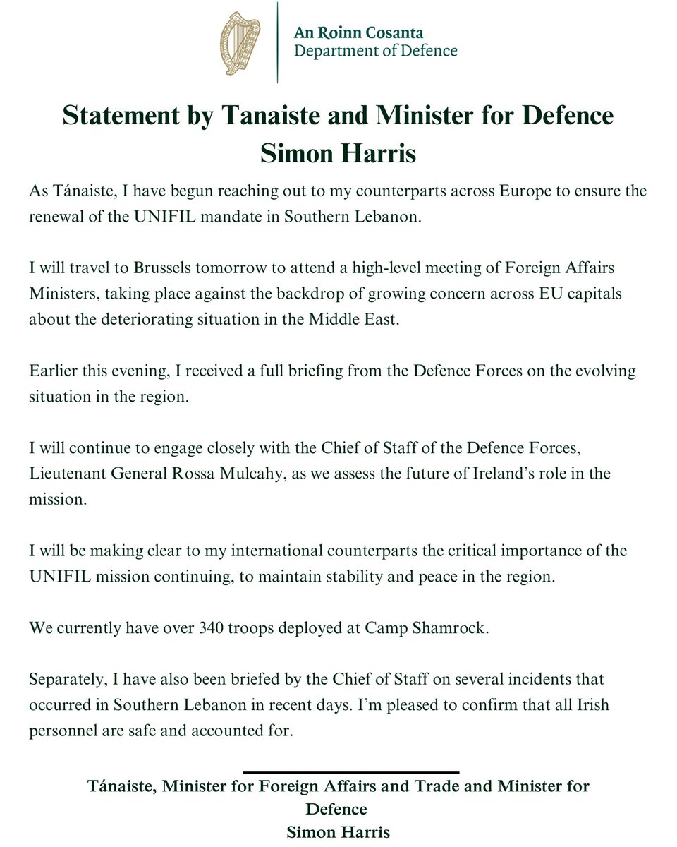 SimonHarrisTD's tweet photo. I’m engaging EU counterparts to ensure the renewal of the UNIFIL mandate in Southern Lebanon.

I travel to Brussels tomorrow amid rising tensions in the Middle East. 

Ireland’s troops play a vital peacekeeping role. 

UNIFIL must continue to safeguard peace in the region. https://t.co/eNHrhQgbAX