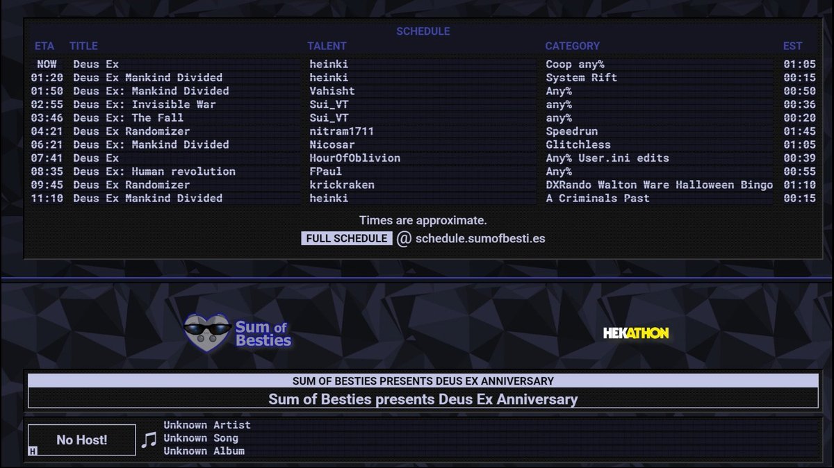 You may have never asked for this, but it's here anyway!
 
Tomorrow marks the 25th anniversary of the cult classic game series Deus Ex, and our org is hosting a marathon in collaboration with the Deus Ex randomizer + speedrunning communities.

Schedule: oengus.io/marathon/dx25/…