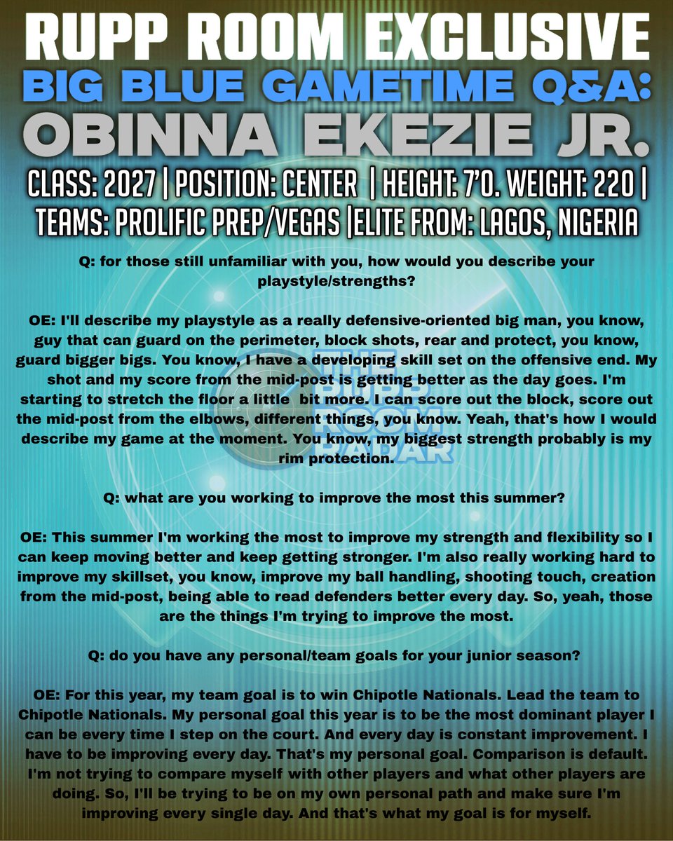 RECRUIT INTERVIEW: Obinna Ekezie Jr. (Vol.018) <a href="/ObinnaEkezieJr/">Obi</a>

5⭐️/#3 in the class of 2027’ joins us for an interview in The Rupp Room!

“Kentucky is really on that list hard. I have a great relationship with the staff”

Thank you for your time Obinna!
#BBN #KentuckyBasketball