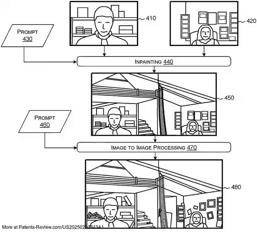 PatentPulse's tweet photo. Discover the future of #teleconferencing with patent application #US20250200843A1 by #Microsoft's licensing arm.
This innovation uses #GenerativeImageModels to create adaptive experiences, employing inpainting and image-to-image restyling.
Users appear in virtual environments generated by these models, enhancing remote interactions.
Explore the potential of #AI in transforming digital meetings.
$MSFT #PatentApplication