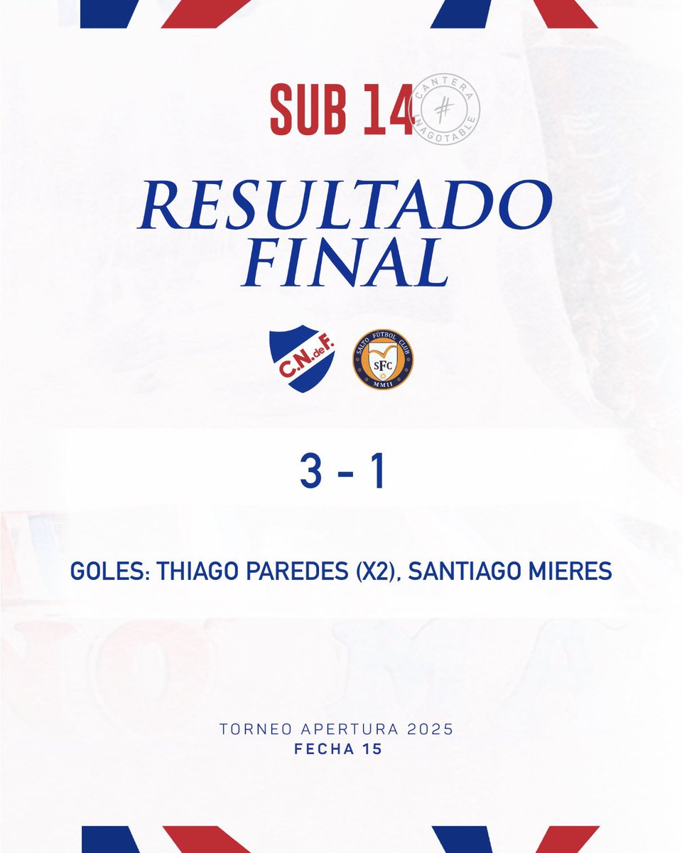 Final del partido en Sub14.

✅ Victoria 3-1 🆚 Salto F.C.

#CanteraInagotable
#ElClubGigante 🔵⚪️🔴