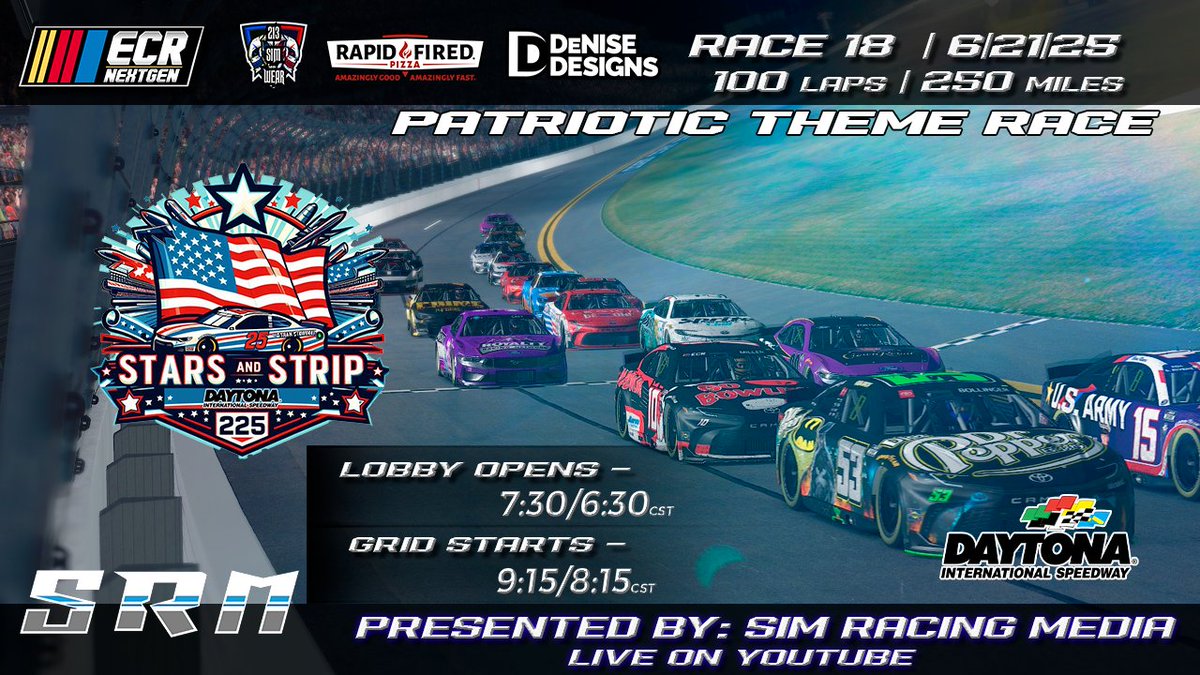 Raceday! With a schedule change due to the update tonight we head to high banks of virtual <a href="/DAYTONA/">Daytona International Speedway</a> for the stars and stripes 250!

Who will come away with the 🏆

Tune in tonight as <a href="/SimRacingMedia1/">Sim Racing Media</a> calls all the action live on <a href="/YouTube/">YouTube</a> 

Broadcast Link:
youtube.com/live/beVgHs1iW…