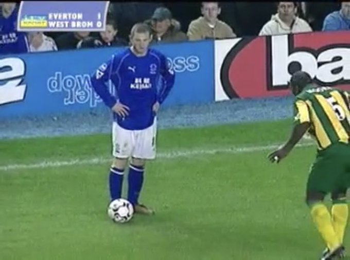 Wayne Rooney stands with the ball in open play having come on as an 87th minute replacement for goalscorer Tomasz Radzinski in Everton's 1-0 win over West Bromwich Albion at Goodison Park in November 2002 🔵⚽️