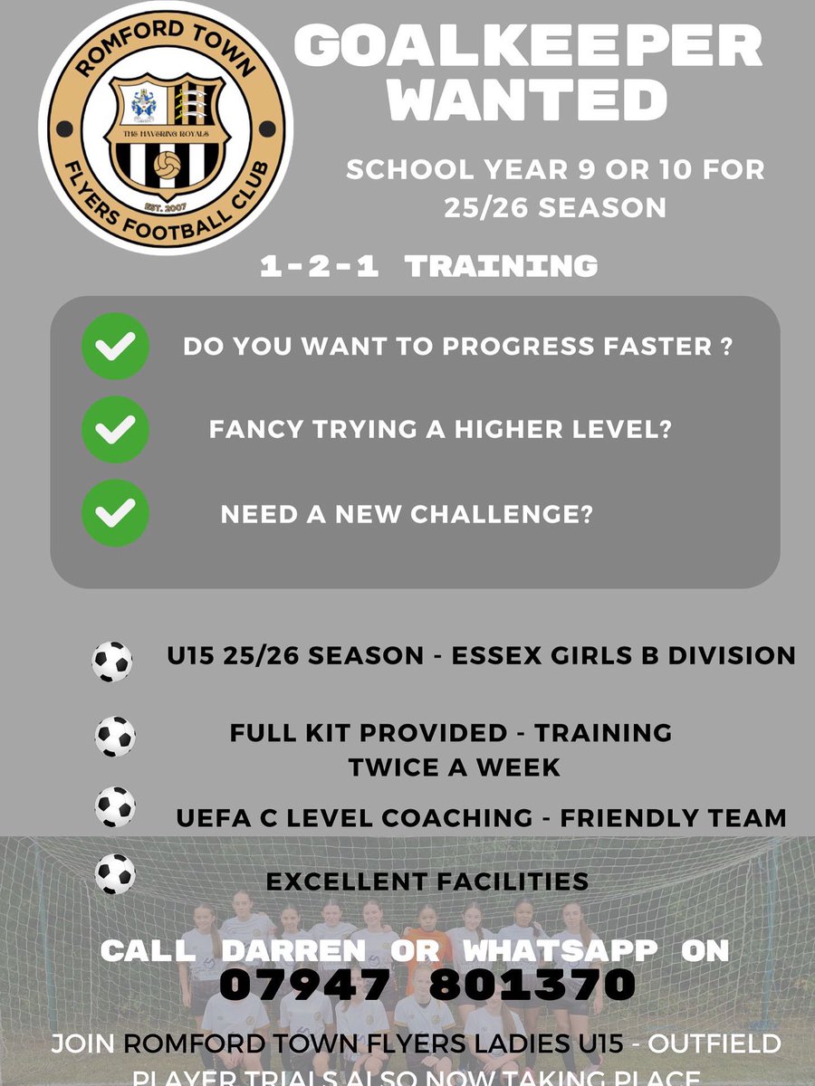 Dedicated team of girls looking for a Goalkeeper for next season as U15 2025/26 Romford Town.  Playing in the B division of the Essex County Girls League.  Friendly team and parents, enthusiastic coach and club. Please get in touch! 
#girlsfootball #u15 #u14 #squadboost #essexfa