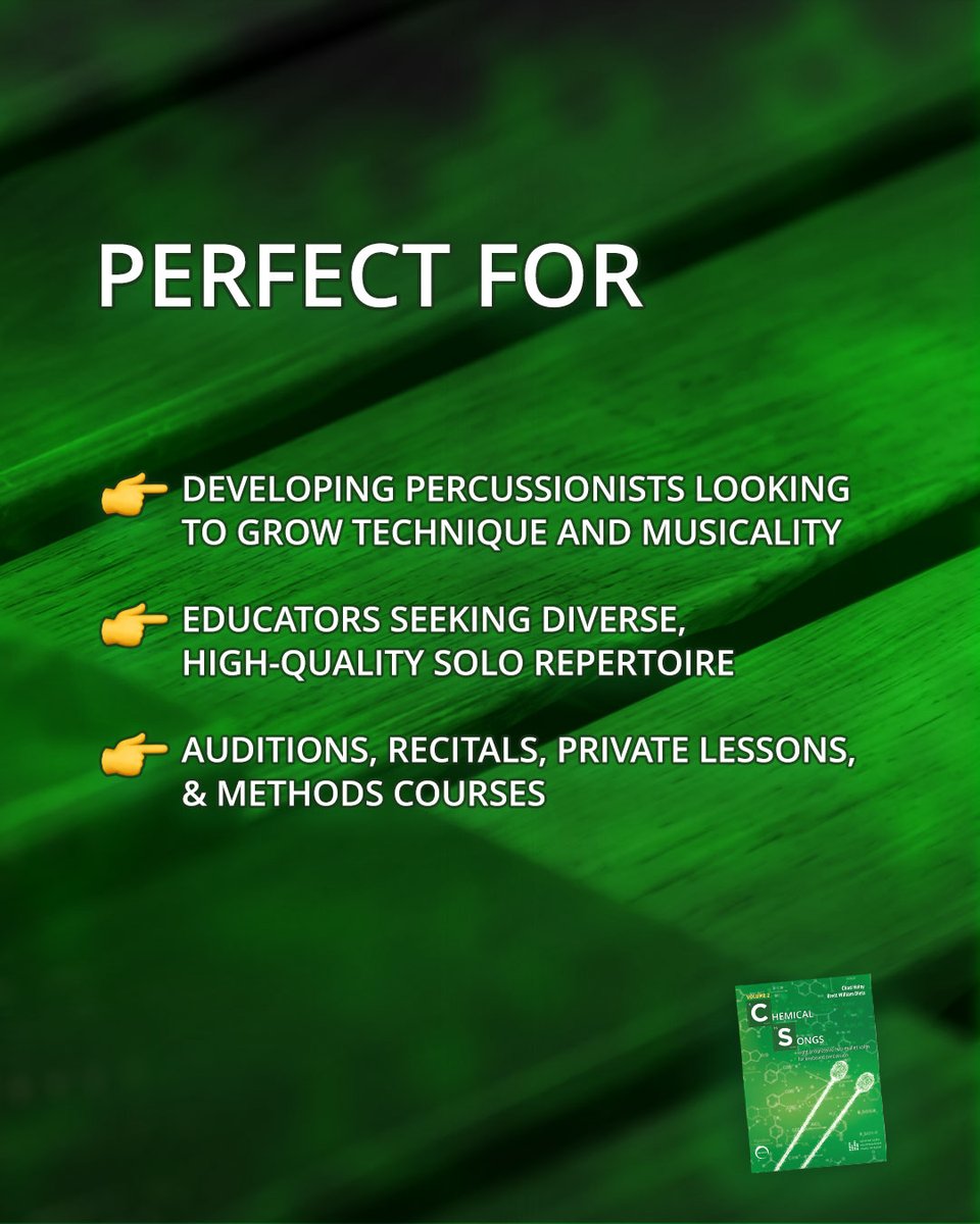 TapspacePerc's tweet image. 🧪 &quot;Chemical Songs&quot; by Chad Heiny is a fresh set of 2-mallet solos perfect for young keyboard percussionists! With eight character-rich solos playable on marimba, vibes, xylo, or even glock—and optional audio tracks—this collection is as fun to teach as it is to play.

#Tapspace