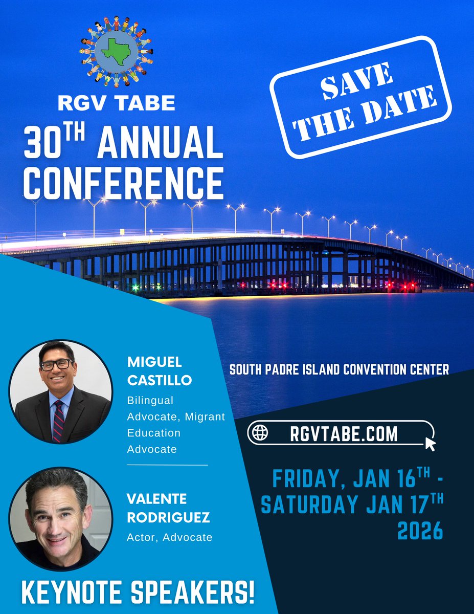 Francisco Faticati (@faticati) on Twitter photo Super excited to announce the Keynote Speakers for our 30th Annual <a href="/rgvtabe/">RGVTABE</a> Conference: <a href="/miguelmigrant/">Miguel Castillo, MS Ed, BS 🍎🍊🍓</a> and Valente Rodriguez!
📅 Save the Date
📍 South Padre Island
Get ready for inspiration, advocacy, and celebration as we honor 30+ years of empowering bilingual education! Super excited to announce the Keynote Speakers for our 30th Annual <a href="/rgvtabe/">RGVTABE</a> Conference: <a href="/miguelmigrant/">Miguel Castillo, MS Ed, BS 🍎🍊🍓</a> and Valente Rodriguez!
📅 Save the Date
📍 South Padre Island
Get ready for inspiration, advocacy, and celebration as we honor 30+ years of empowering bilingual education!