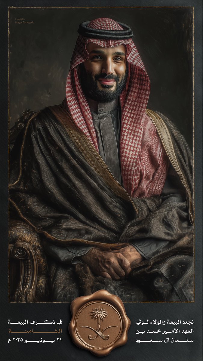 في ذكرى البيعة الثامنة 

نجدد الولاء والوفاء لسمو ولي العهد الأمير محمد بن سلمان قائد الرؤية وصانع التحول.

ثمانية أعوام من الطموح، الإنجاز، والعزم على بناء مستقبل يليق بوطننا العظيم 🇸🇦

#البيعة_الثامنة #ولي_العهد #محمد_بن_سلمان #رؤية_السعودية_2030