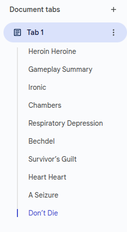 Updated &amp; Final Chapter/"Area" list for "Heroin Heroine"

#gamedev #indiegamedev