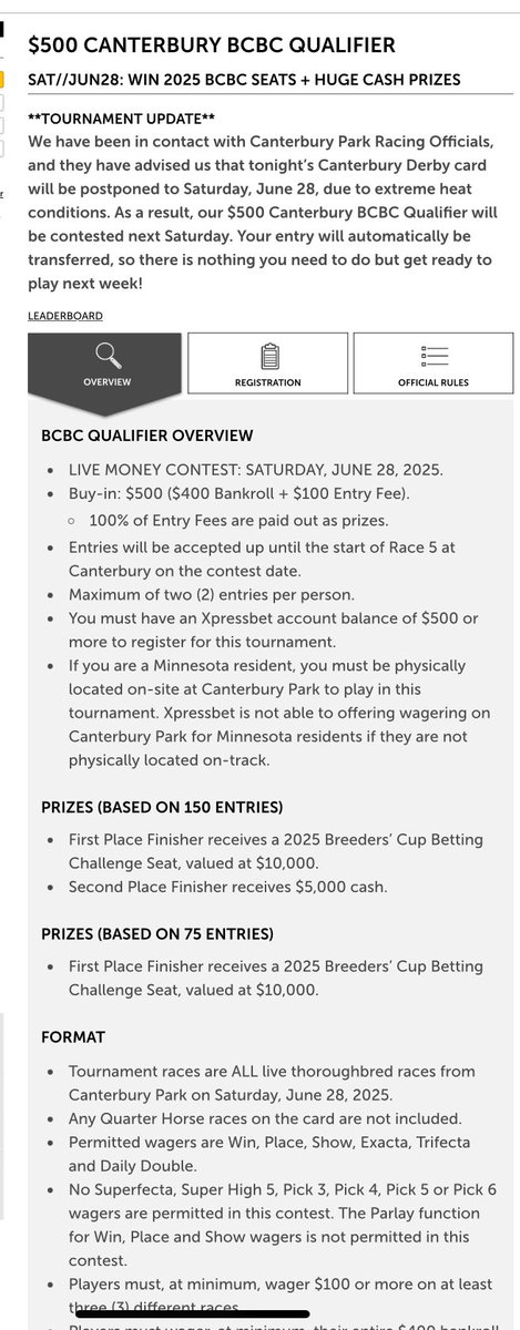 <a href="/B_Letourneau7/">bleto77</a> <a href="/PhilSpade/">Phil Spade</a> <a href="/CanterburyPark/">Canterbury Park</a> <a href="/AngelaHermann15/">Angela Hermann</a> Great question.  It does appear that it has been moved to 6/28 as well