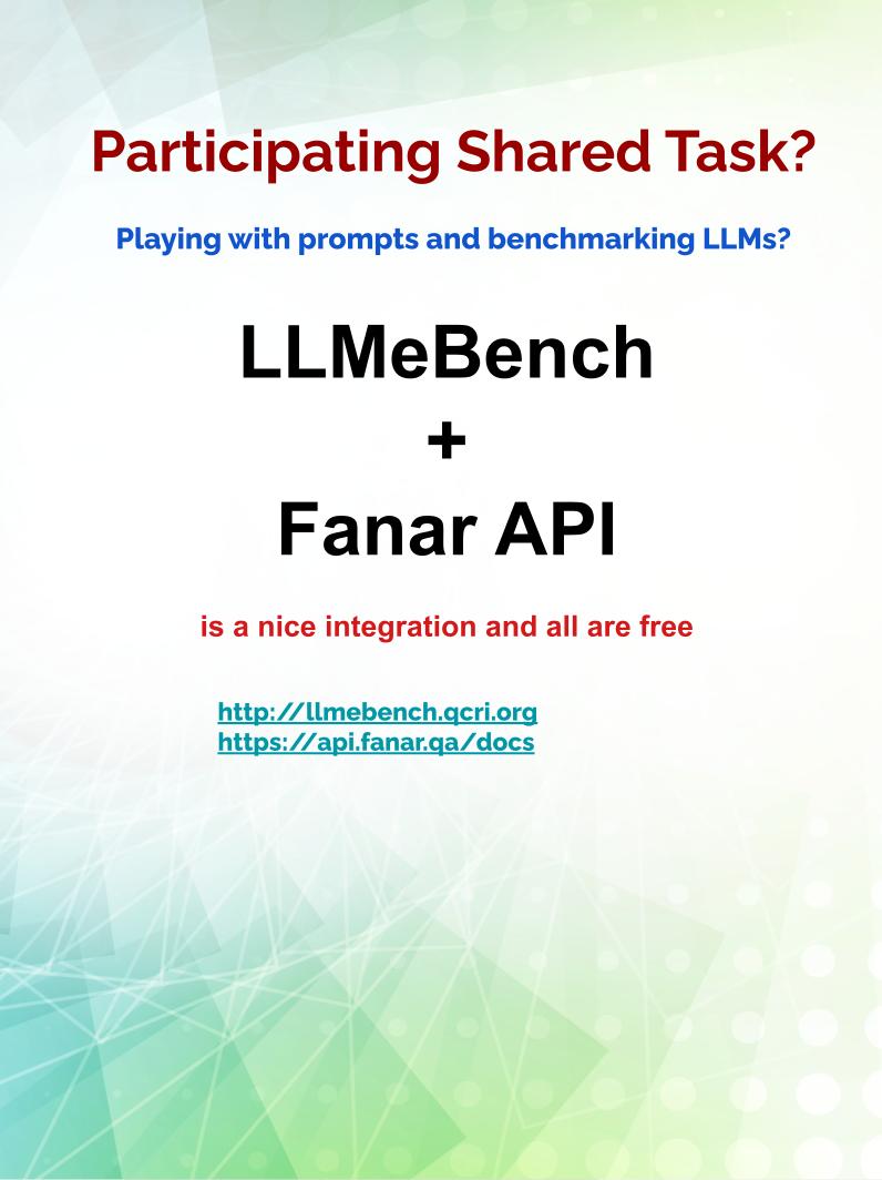 firojalam04's tweet image. If you're participating in ArabicNLP 2025 shared tasks or experimenting with large language models (LLMs), we’d like to share a valuable resource that can streamline your workflow and enhance your results:
📷 LLMeBench + Fanar API
A free and easy-to-use integration that…