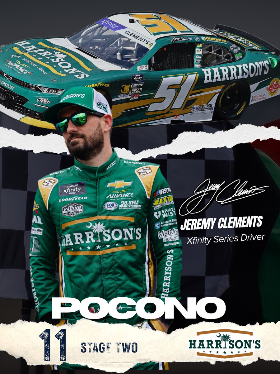 Harrison’s (@harrisonsusa) on Twitter photo STAGE TWO 🏁
Our guy <a href="/JClements51/">Jeremy Clements</a> finishes Stage Two in 11th place after an impressive run through the field during that stage!! Will pit for tires, fuel, adjustments, and a drink STAGE TWO 🏁
Our guy <a href="/JClements51/">Jeremy Clements</a> finishes Stage Two in 11th place after an impressive run through the field during that stage!! Will pit for tires, fuel, adjustments, and a drink