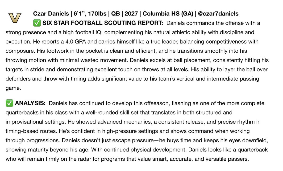 Czar Daniels QB (@czar7daniels) on Twitter photo Many Thanks <a href="/sixstarfootball/">Six Star Football | PLUS+</a> for the Write Up, and <a href="/VandyFootball/">Vanderbilt Football</a> for the Work! Business As Usual!
<a href="/ColumbiaHighFB/">Columbia High Football</a> <a href="/DekalbRecruits/">Dekalb Recruits (GA.)</a> Many Thanks <a href="/sixstarfootball/">Six Star Football | PLUS+</a> for the Write Up, and <a href="/VandyFootball/">Vanderbilt Football</a> for the Work! Business As Usual!
<a href="/ColumbiaHighFB/">Columbia High Football</a> <a href="/DekalbRecruits/">Dekalb Recruits (GA.)</a>
