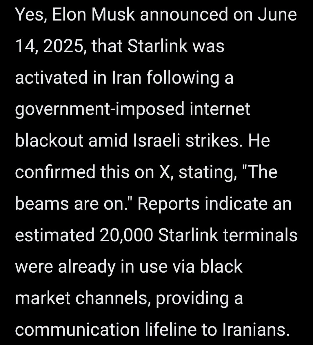 <a href="/RichardGrenell/">Richard Grenell</a> <a href="/Starlink/">Starlink</a> <a href="/elonmusk/">Elon Musk</a> Elon DID turn on Starlink in Iran 👇