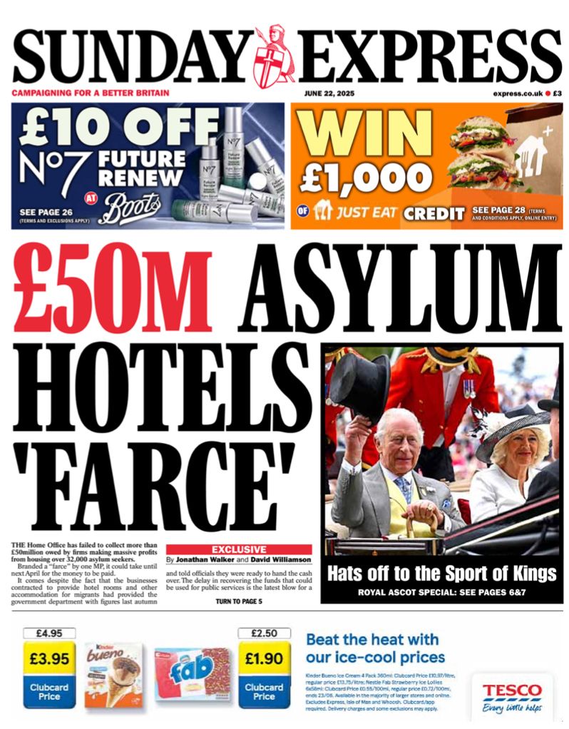 The Sentinel Current (@sentinelcurrent) on Twitter photo #TomorrowsPapersToday Sunday Express: £50M asylum hotels farce, Jonathan Walker and David Williamson. Hats off to the Sport of Kings. express.co.uk For more papers visit thesentinelcurrent.com/tomorrowspaper… #TomorrowsPapersToday Sunday Express: £50M asylum hotels farce, Jonathan Walker and David Williamson. Hats off to the Sport of Kings. express.co.uk For more papers visit thesentinelcurrent.com/tomorrowspaper…
